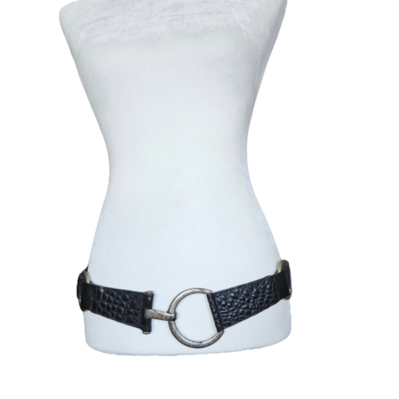 Landes black croc textured leather belt rustic silvery hook & eye buckle size M - Picture 2 of 15